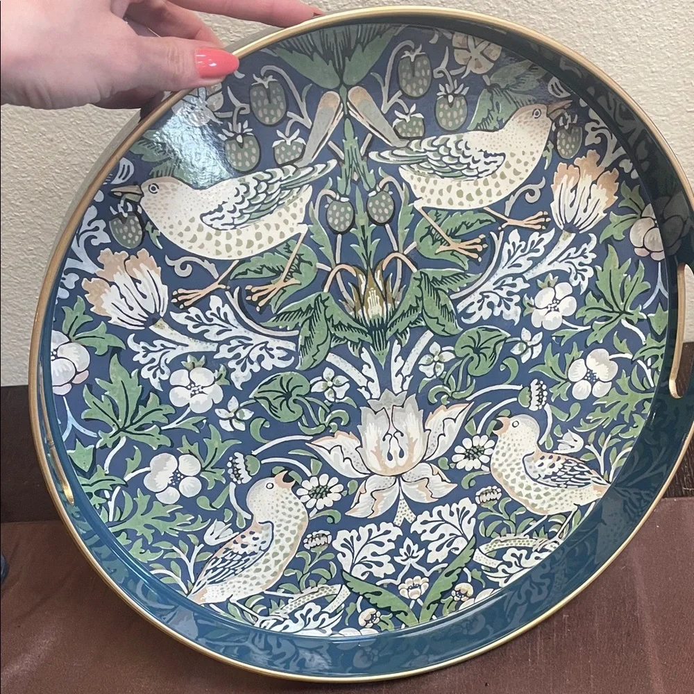 Decorative Bird & Floral Serving Tray in Blue and Green with Gold Trim
